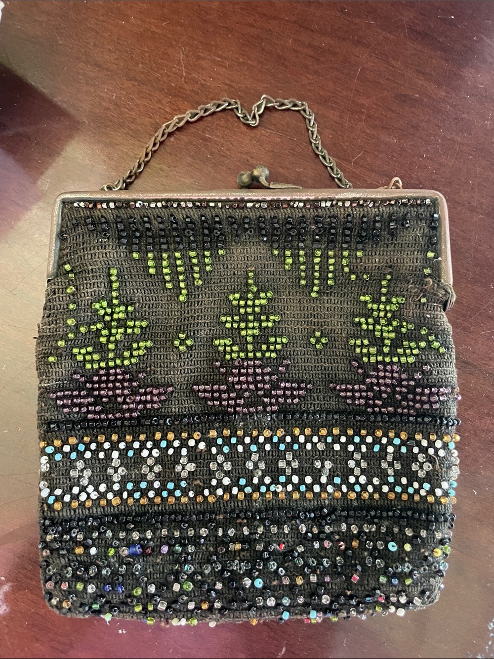 Vtg Beaded Black Evening Bag with Green & Purple geometric Accents. Art Deco